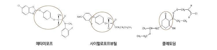 메타미포프, 사이할로포프뷰틸, 클레토딤의 분자구조