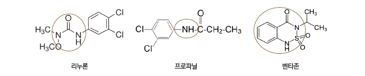 리누론, 프로파닐, 벤타존의 분자구조