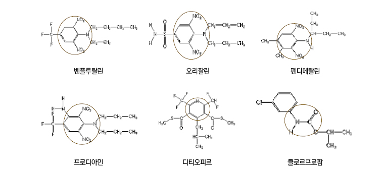 펜플루랄린, 오리잘린, 펜디메탈린, 프로디아민, 디티오피르, 클로로프로팜의 분자구조