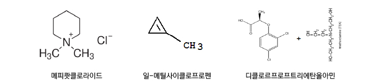메피쾃클로라이드, 일-메틸사이클로프로펜, 디클로르프로프트리에탄올아민의 분자구조
