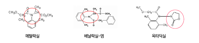 메탈락실, 베날락실-엠, 옥타딕실의 분자구조
