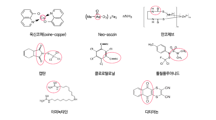 옥신코퍼, Neo-asozin, 만코제브, 캡탄, 클로로탈로닐, 톨릴플루아니드, 이미녹타딘, 디티아논의 분자구조
