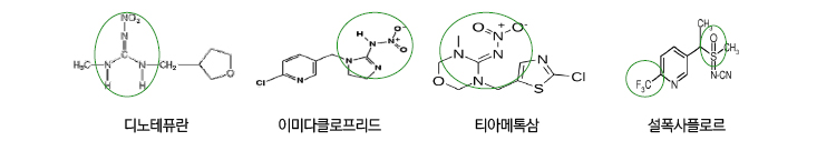디노테퓨란, 이미다클로프리드, 티아메톡삼, 설폭사플로르의 분자구조